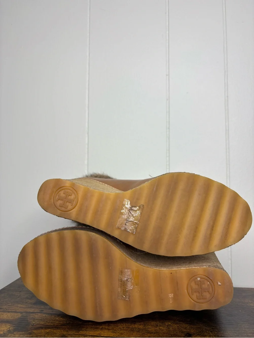 Tory Burch Wedge Ankle Booties Rabbit Fur Trim Buckle Lined Womens Size 7